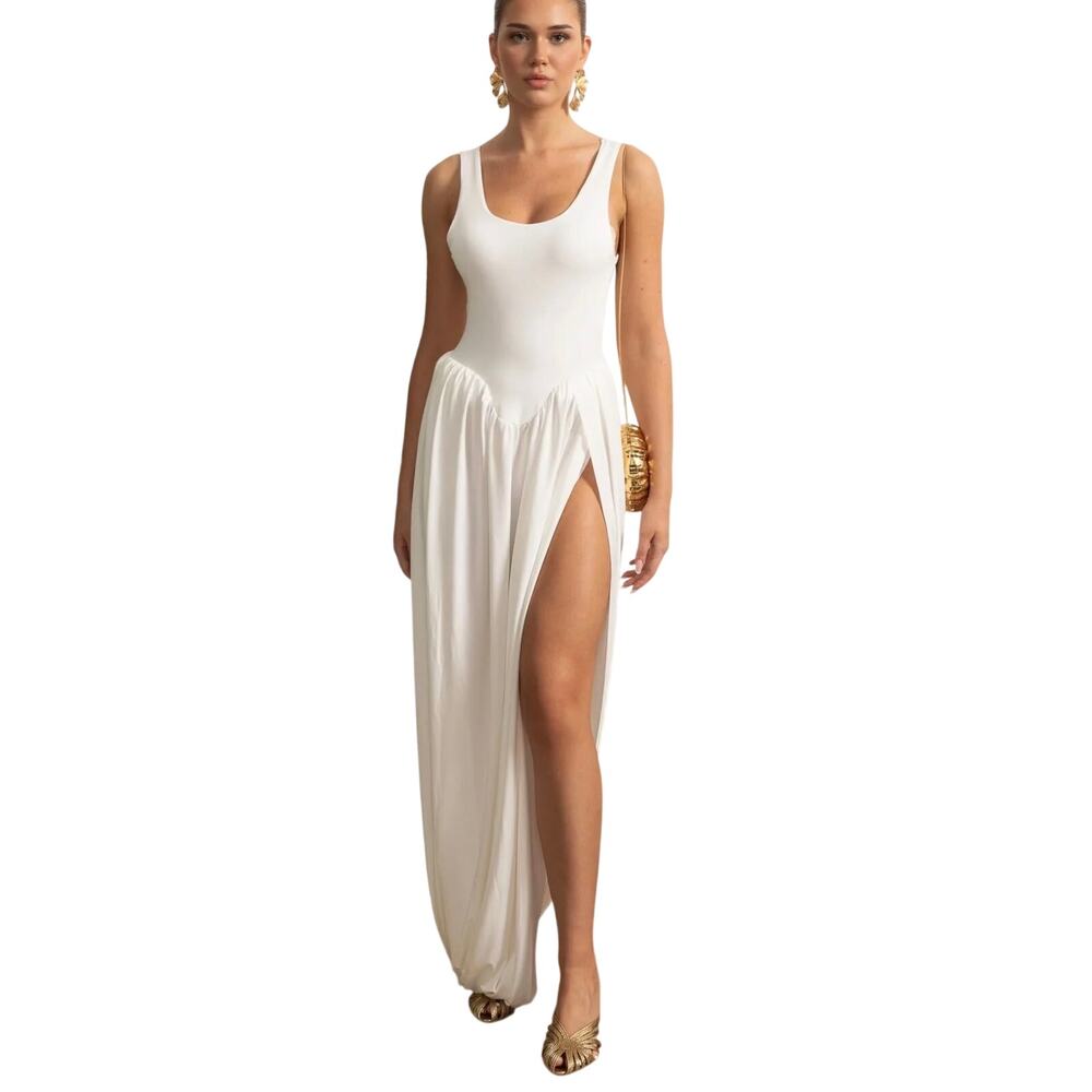 Sierra Darien NEW Draped Maxi Dress With Sculptural Skirt and Side Slit Size L
